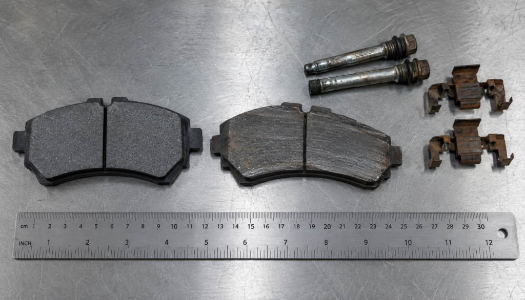 Brake Pad Wear Comparison on Steel Bench Worn tapered brake pad beside new brake pad on workbench showing thickness difference