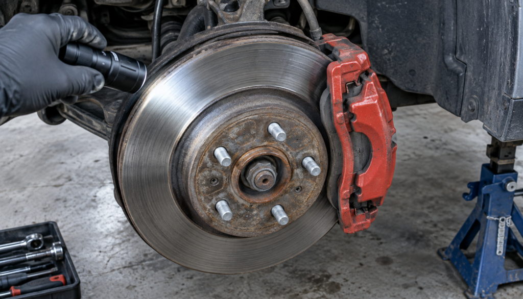 Brake Rotor Inspection in the Garage Front brake assembly with wheel removed showing caliper and rotor during inspection