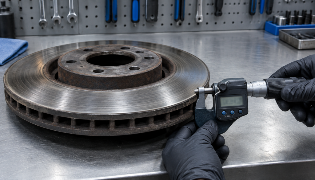 Micrometer measuring thickness of a removed brake rotor on a clean workbench