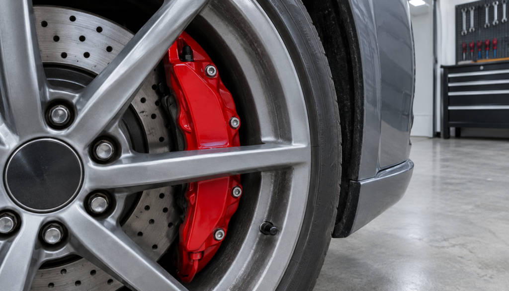 Red aluminum brake caliper cover mounted behind open spoke alloy wheel, side profile view