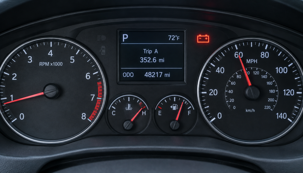Dashboard showing illuminated battery light beside a rising engine temperature gauge