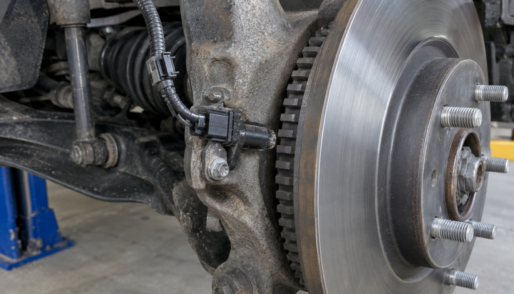 Close-up of an ABS wheel speed sensor mounted on a steel wheel hub