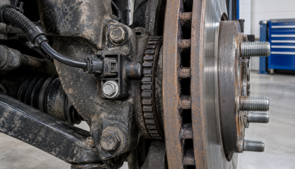 Close-up of a wheel speed sensor mounted beside a brake rotor hub assembly