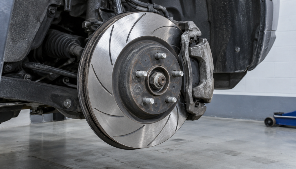 Slotted brake rotor mounted on a vehicle hub with caliper and pad visible