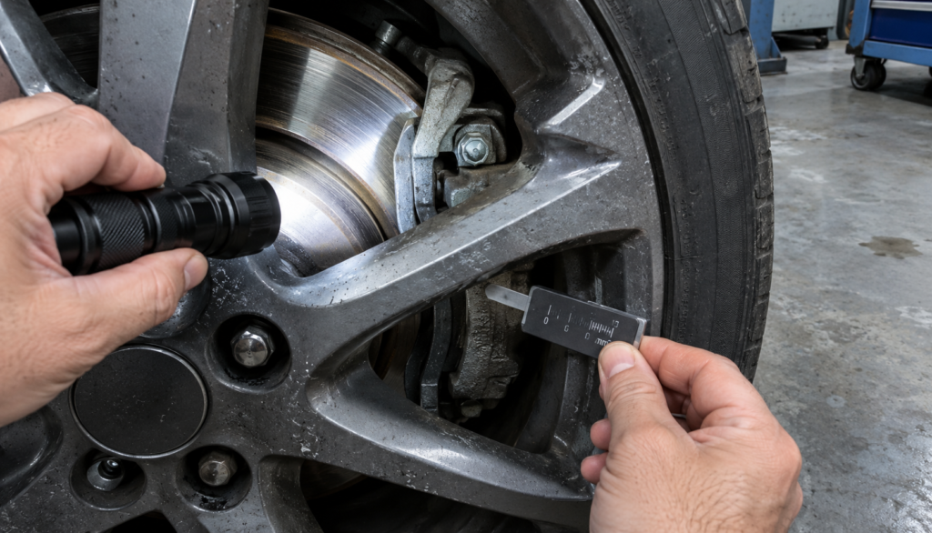 Hands holding a flashlight to check brake pad thickness through wheel spokes