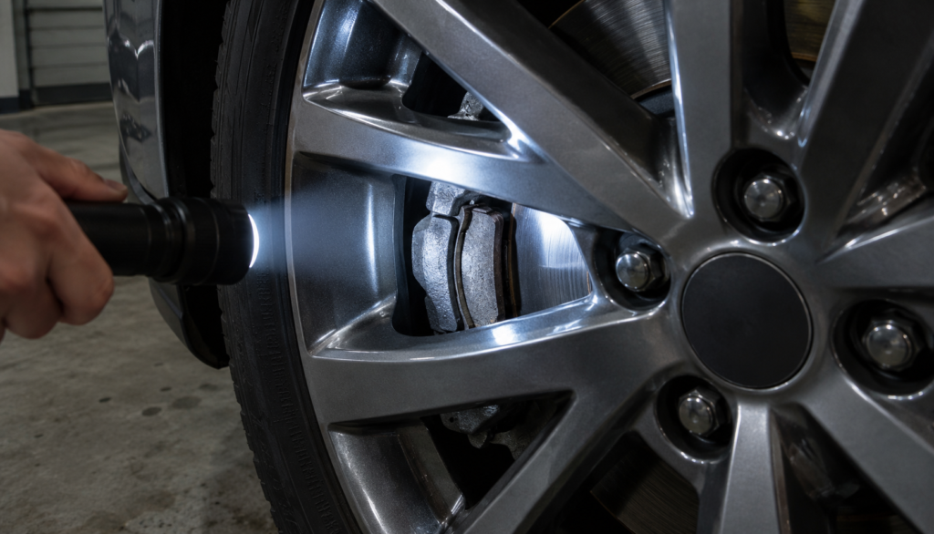 Flashlight Illuminating Car Brake Assembly Flashlight beam shining through alloy wheel spokes to reveal outer brake pad thickness