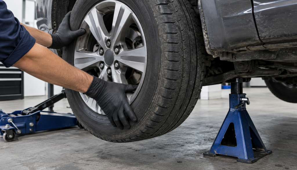 Hands spinning a lifted wheel on a jack stand to check bearing noise