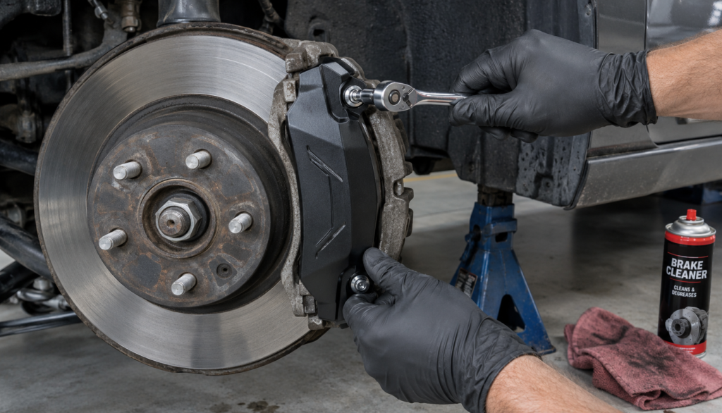 Gloved hands tightening mounting bolt on brake caliper cover with wheel removed