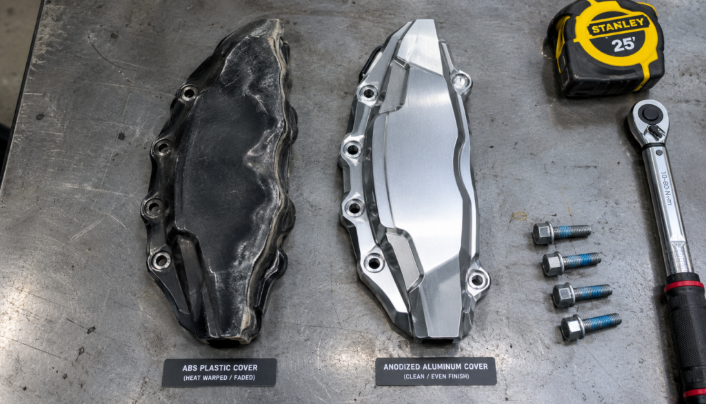 Warped ABS plastic caliper cover beside intact aluminum caliper cover on workbench