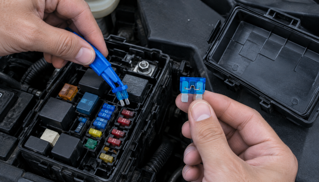 Inspecting a Blown Fuse in the Engine Bay Hands using fuse puller to inspect a blown ABS fuse in a fuse box