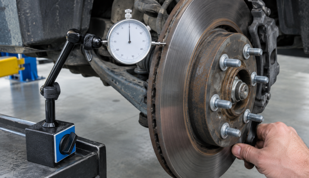Micrometer clamped across a brake rotor friction surface measuring thickness in a garage