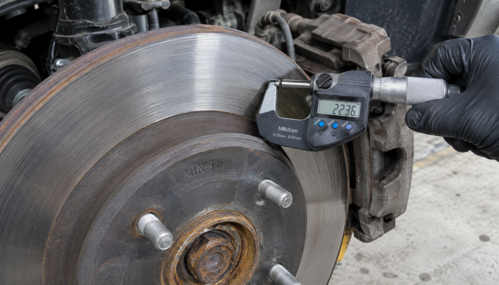 Dial indicator on magnetic base measuring lateral runout on a mounted brake rotor
Prompt: