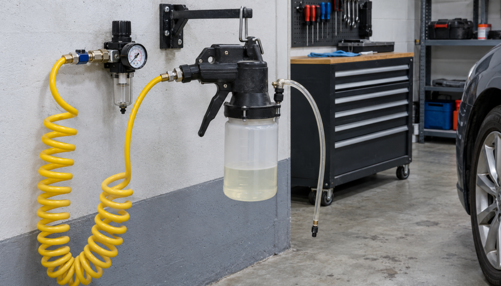Mounted Pneumatic Fluid Bleeder Workshop setup Compressed-air vacuum brake bleeder hanging beside an air hose in a garage