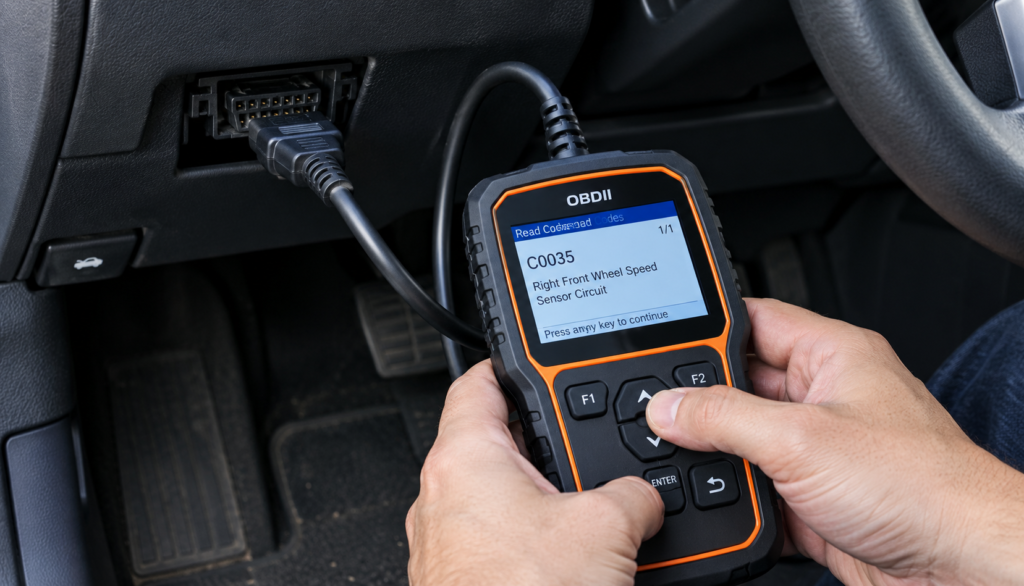 OBD-II Scanner Reading Wheel Sensor Code OBD2 scanner plugged into the diagnostic port reading an ABS wheel speed sensor code