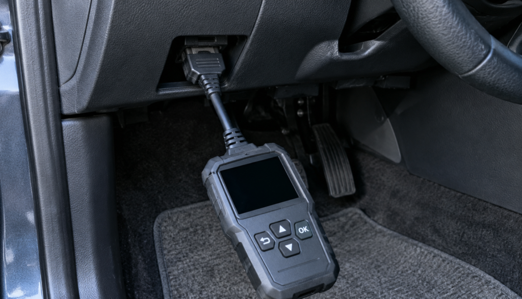 OBD Scanner Under the Dashboard Handheld code reader plugged into a car’s diagnostic port under the dashboard