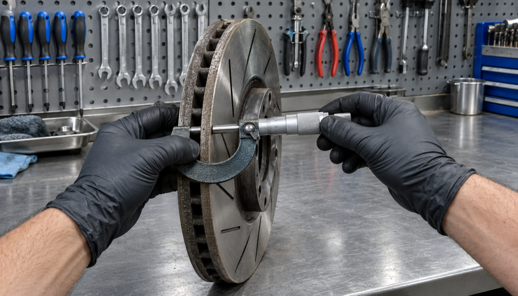 Precision Brake Rotor Measurement Gloved hands using a micrometer to measure slotted brake rotor thickness