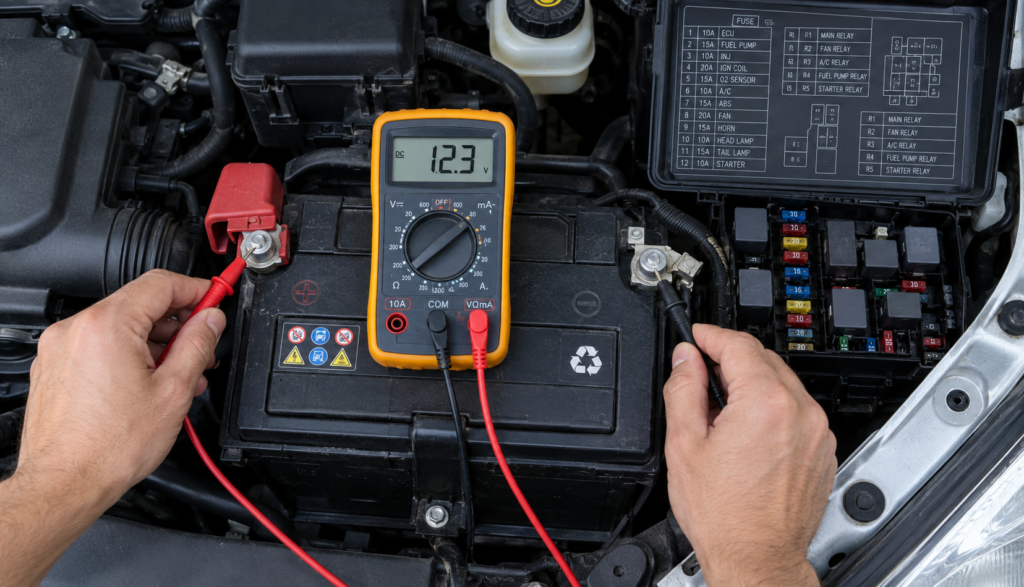 Testing Car Battery Voltage at 12.3V Multimeter probes testing car battery terminals for resting voltage before abs diagnosis