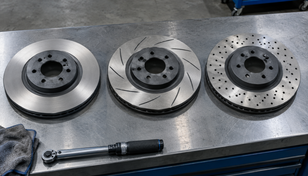 Three Brake Rotors on a Workshop Bench Blank, slotted, and cross-drilled brake rotors side by side on a workbench