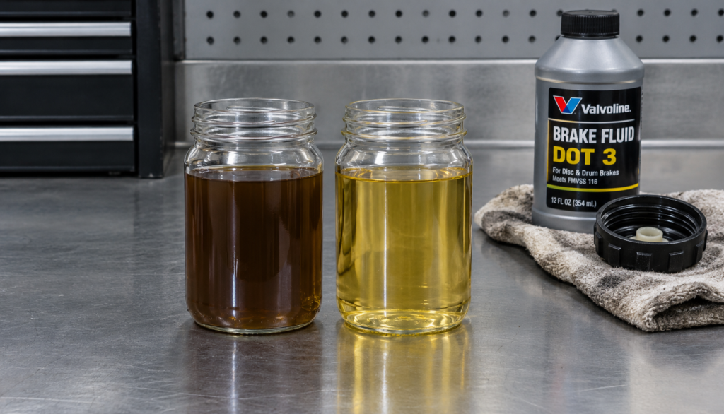 Two glass jars comparing dark old brake fluid and clear fresh brake fluid beside reservoir