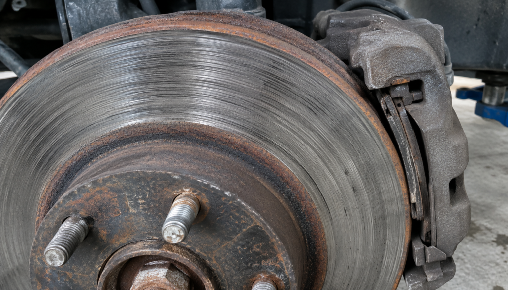 Close-up of a worn brake rotor with deep scored grooves beside a thin pad