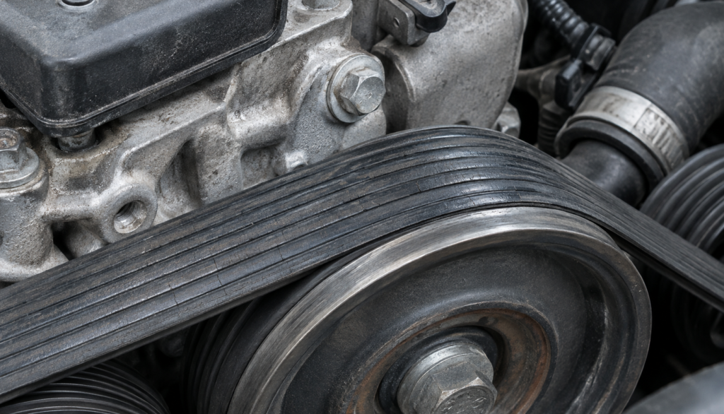 Close-up of a cracked glazed serpentine belt on an engine pulley