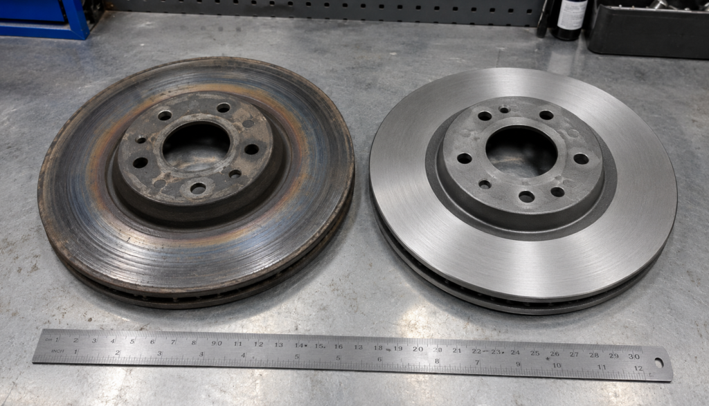 Worn brake rotor showing deep grooves and blue heat discoloration beside a smooth new rotor