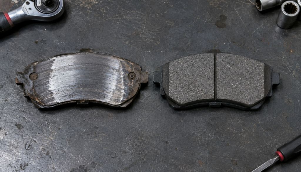 Worn brake pad down to backing plate next to a new brake pad