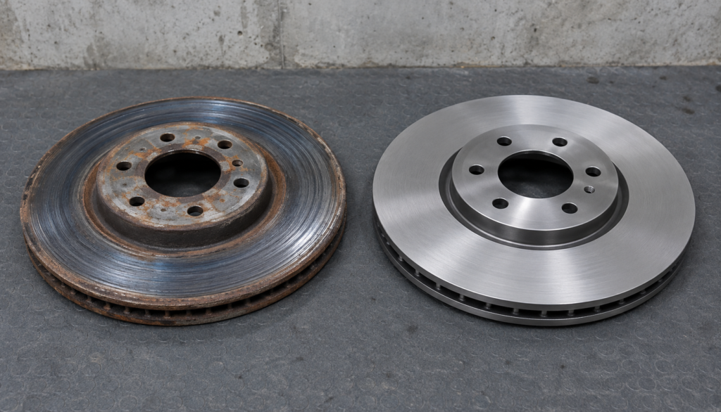 Worn and New Brake Rotors Worn grooved brake rotor beside a new smooth rotor for visual comparison